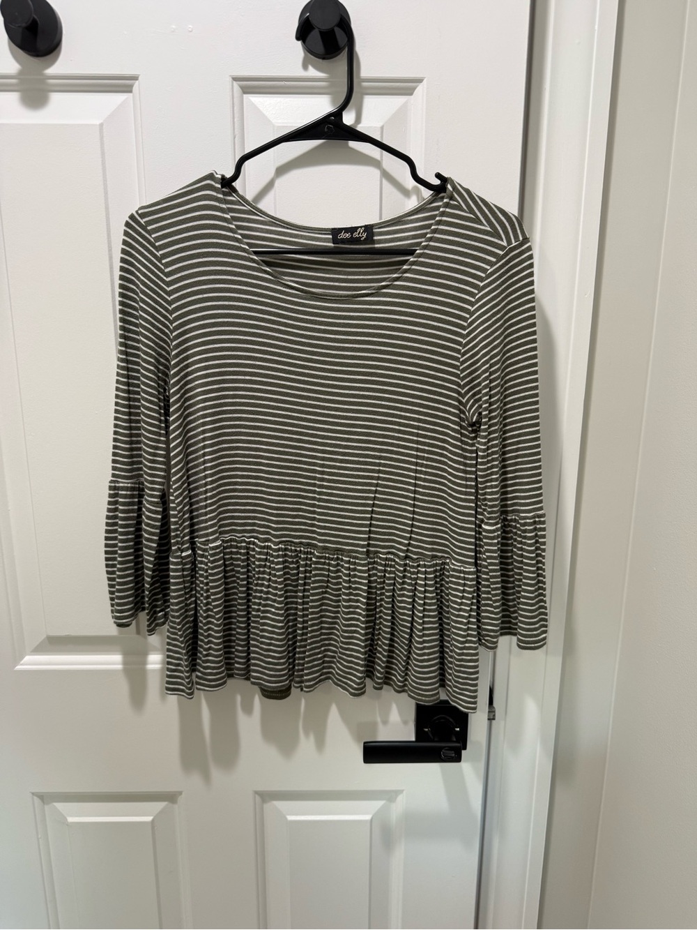 Francesca's Collections Olive & White Striped Peplum Top